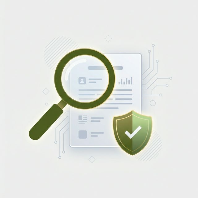 Illustration vectorielle d'une loupe analysant un document (devis) avec un bouclier de sécurité, style minimaliste vert olive